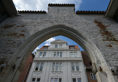View through University gateway of St John's College Cambridge into the University buildings.