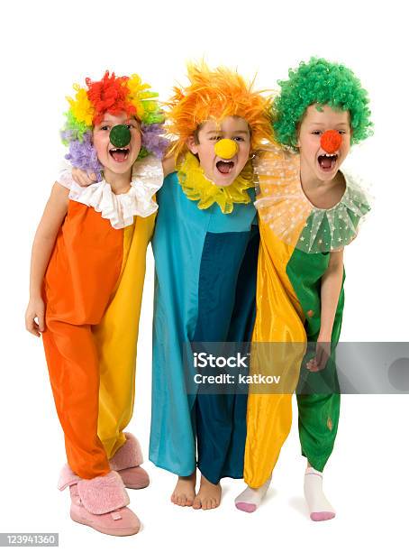 Three Young Children Dressed Up As Clowns Stock Photo - Download Image Now - Beautiful People, Boys, Child