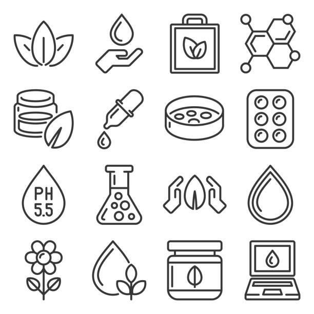 illustrations, cliparts, dessins animés et icônes de ensemble d’icônes bio eco cosmetics. vecteur de style de ligne - condiment