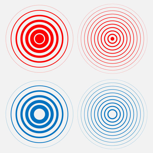 Blue rings sound wave. Radar screen concentric circles elements. Radio station signal. Radio signal background. Red rings. Pain circle. Symbol of pain. Vector illustration Blue rings sound wave. Radar screen concentric circles elements. Radio station signal. Radio signal background. Red rings. Pain circle. Symbol of pain. Vector illustration earthquake stock illustrations