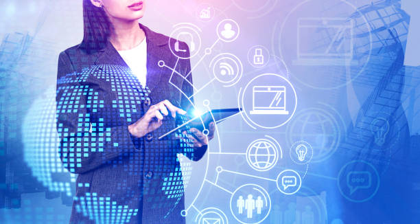 istock Woman with tablet in city, online work interface 1239444388