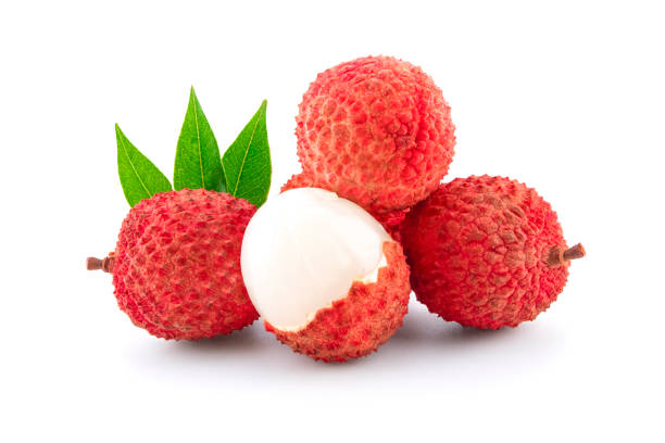 Lychee with leaves isolated on white.