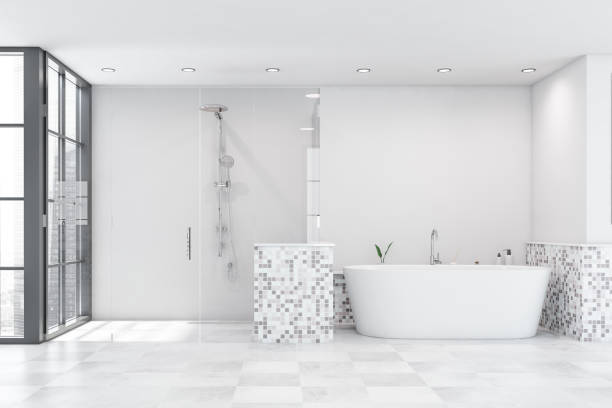 istock White mosaic bathroom with shower and tub 1239468281