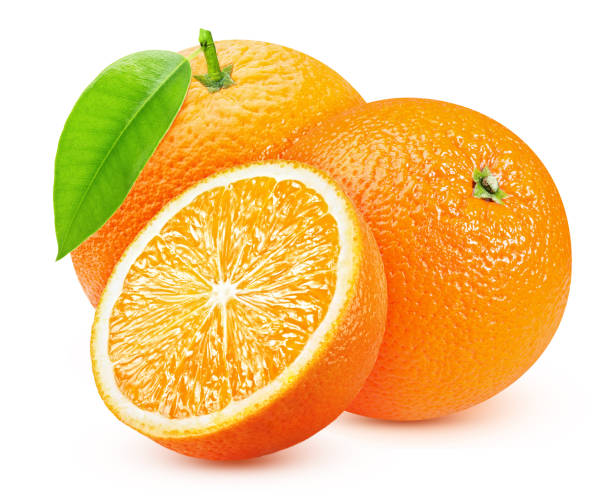 istock ripe orange with a leaf and a slice sliced isolated on a white background 1239471545