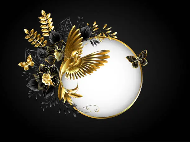 Vector illustration of Round banner with golden hummingbird
