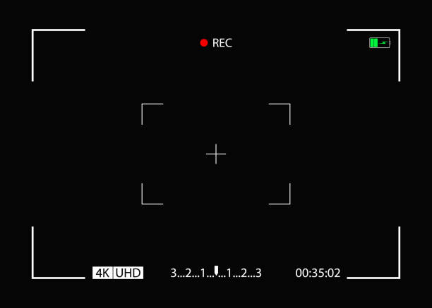 камера кадра. видеоэкран с rec, видоискателем. справочная информация для записи фильма. дисплей с фокусом, временем, батареей для видеосъемки - цифровой фотоаппарат stock illustrations