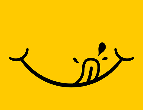 Yummy icon. Logo of delicious eat. Face smile after tasty food. Emoji of happy mouth with tongue. Emoticon of hungry foodie. Pleasure from enjoy of yum. Drool from flavor. Yellow symbol for fun.Vector