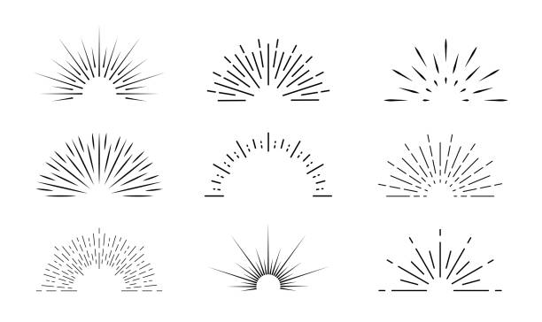 illustrations, cliparts, dessins animés et icônes de icône sunburst. le soleil éclate de lignes. logo rétro de demi-cercle avec des rayons radiaux. éclat graphique de lumière du soleil. starburst au lever du soleil. éléments vintage et étincelles pour un design abstrait. vecteur - objet décoratif