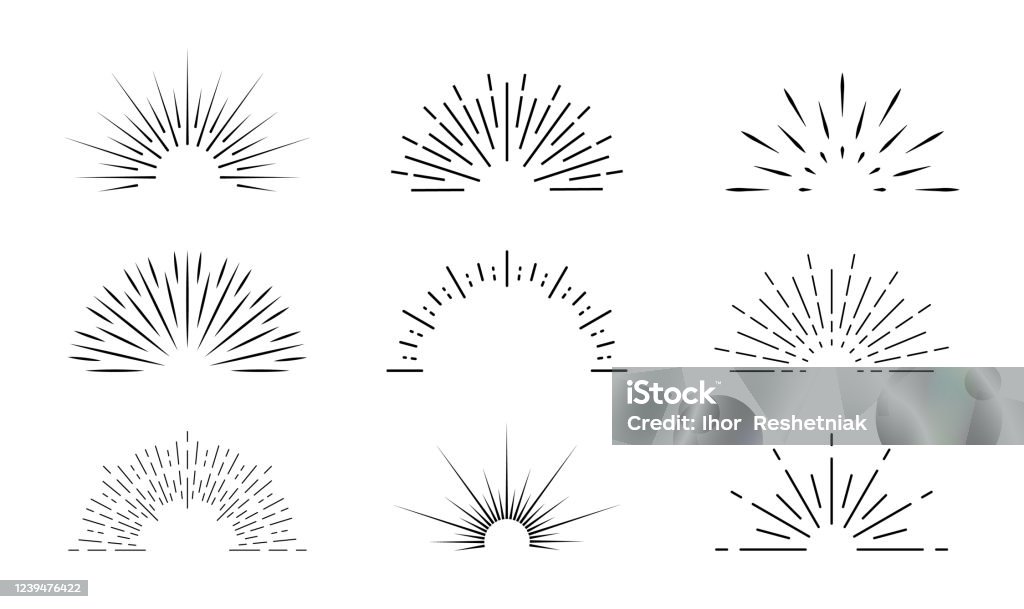 Sunburst icon. Sun burst with lines. Retro logo of half circle with radial rays. Graphic burst of sunshine light. Starburst with sunrise. Vintage elements and sparks for abstract design. Vector - Royalty-free Sol arte vetorial