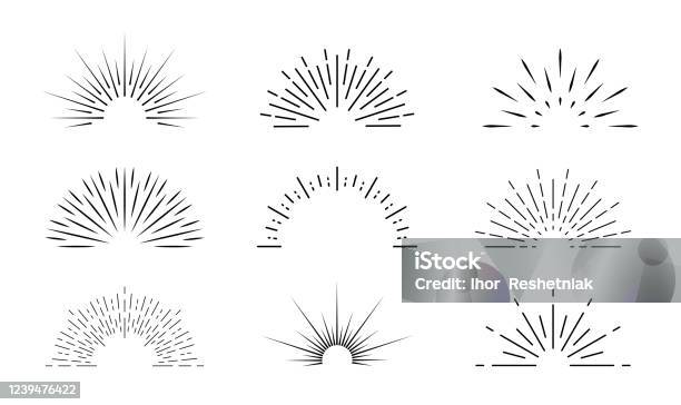 Sunburst Icon Sun Burst With Lines Retro Logo Of Half Circle With Radial Rays Graphic Burst Of Sunshine Light Starburst With Sunrise Vintage Elements And Sparks For Abstract Design Vector - Arte vetorial de stock e mais imagens de Sol