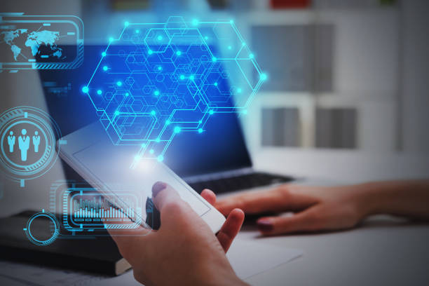 istock Woman with smartphone in office, AI brain 1239478037
