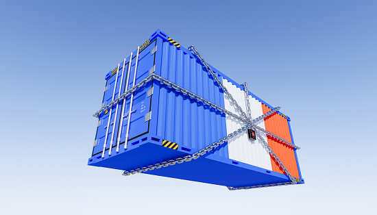 3d rendering of cargo container and coronavirus lockdown franch business concept.