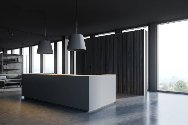 istock Gray reception in wooden office corner with sofa 1239493060