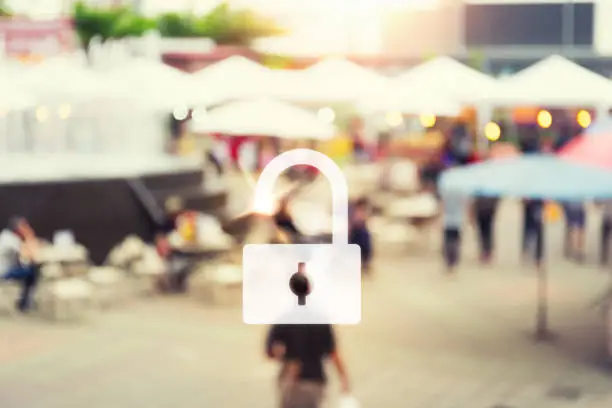 Photo of Unlock of business concept with blurred photo of food exhibition fair with many people at twilight time.