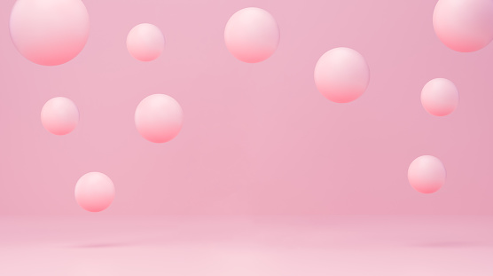 Studio pink with floating particles. empty space for the text. cosmetic and healthy concept. 3D rendering.