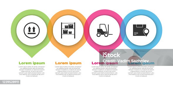istock Set This side up, Warehouse, Forklift truck and Location with cardboard box. Business infographic template. Vector 1239528911