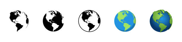 다른 디자인의 지구 지구 지구. 원으로 세계지도. 지구 글로브 컬렉션입니다. 현대 간단한 스타일의 세계지도. 지구지도, 흰색 배경에 격리. 글로브 웹 아이콘. 벡터 일러스트레이션 - globe stock illustrations