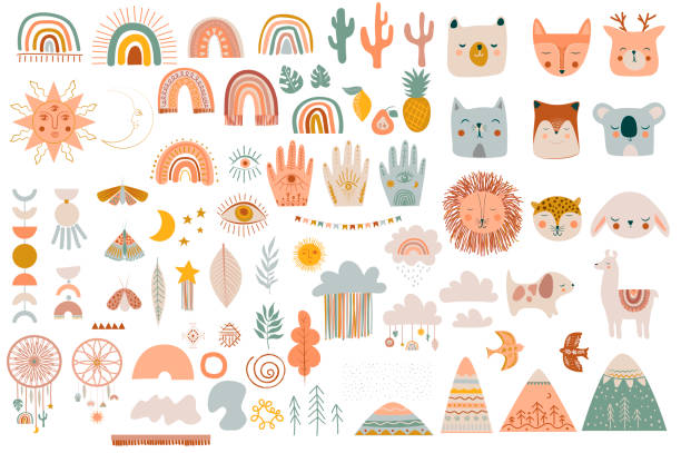 Set of cute kids boho elements, hand draw doodle and animals. Set of cute kids boho elements, hand draw doodle and animals. Cartoon doodle kids illustration template in scandinavian style. Editable vector illustration. rainbow icons stock illustrations