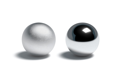 Blank metallic gloss and matte ball mock up set, 3d renderimg. Empty silver glossy and frosted geometrical form mockup, isolated. Clear polished metal figure mokcup template.