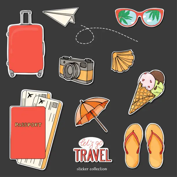 Vector illustration of Collection of stickers on the theme of summer travel, recreation and adventure. Hand-drawn.