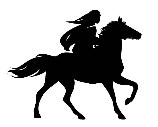 arab rider and running horse black and white vector silhouette arab rider wearing tradtional head scarf riding beautiful stallion - man and horse black and white vector silhouette outline horse outlines silhouette stock illustrations