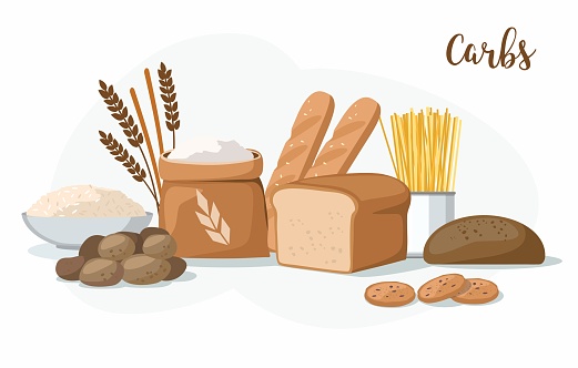 Carbs Food: bakery products, potatoes, pasta, flour and rice isolated on white.
