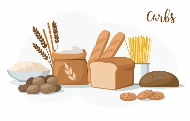 Vector illustration of Carbs Food: bakery products, potatoes, pasta, flour and rice.