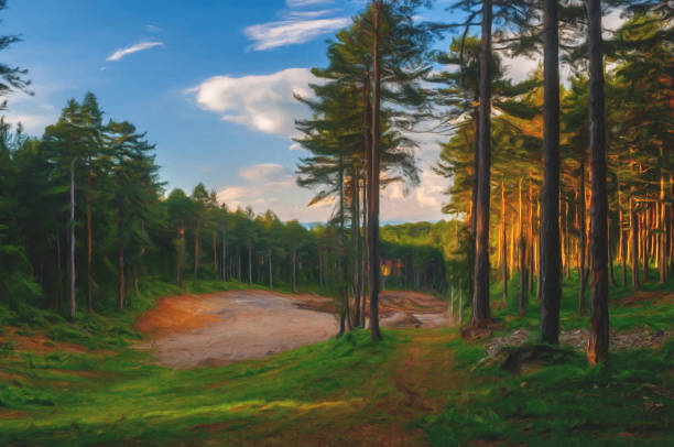 Oil landscape painting showing forest in spring.