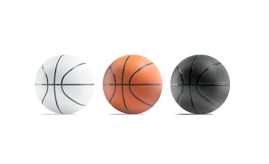 Blank black, white and brown basketball ball mockup set, front view, 3d rendering. Empty basket-ball sphere for playing mock up, isolated. Clear rubber dribbling equipment mokcup template.