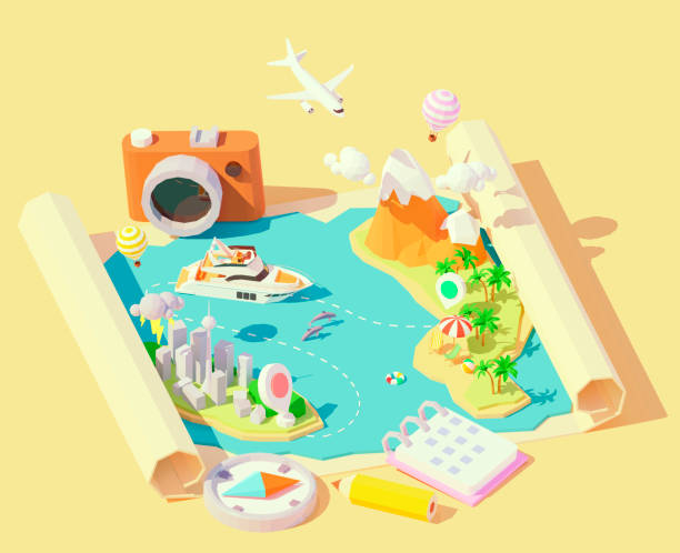 Vector isometric summer travel and vacation Vector isometric summer travel and vacation illustration. Summer travel map. Escape from city to tropical paradise. Airplane, yacht, balloons. Summer vacation planning with compass, calendar, camera island illustrations stock illustrations