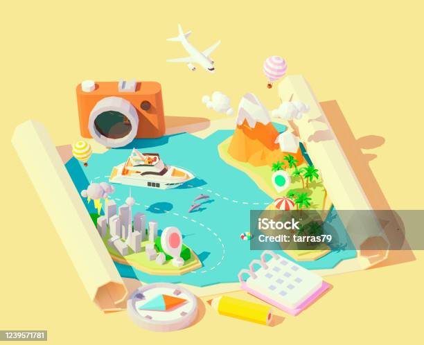 Vector Isometric Summer Travel And Vacation Stock Illustration - Download Image Now - Map, Three Dimensional, Island