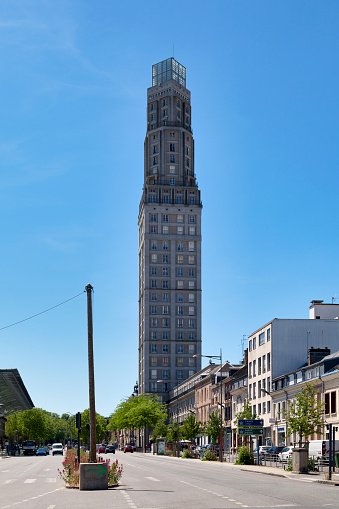 Amiens, France - May 29 2020: The Perret tower is a residential and office building located place Alphonse-Fiquet, opposite the Gare du Nord, a short distance from the city center.