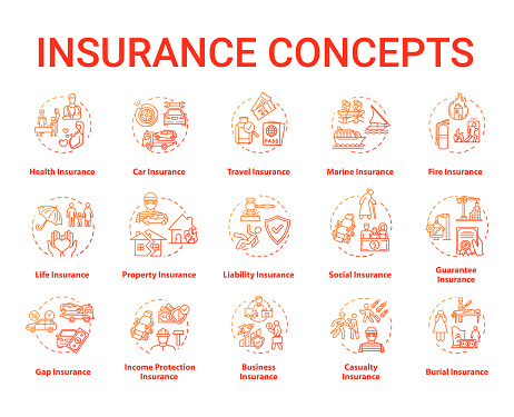 Insurance concept icons set. Protection from financial loss. Life policy plan. Risk management idea thin line RGB color illustrations. Vector isolated outline drawings. Editable stroke