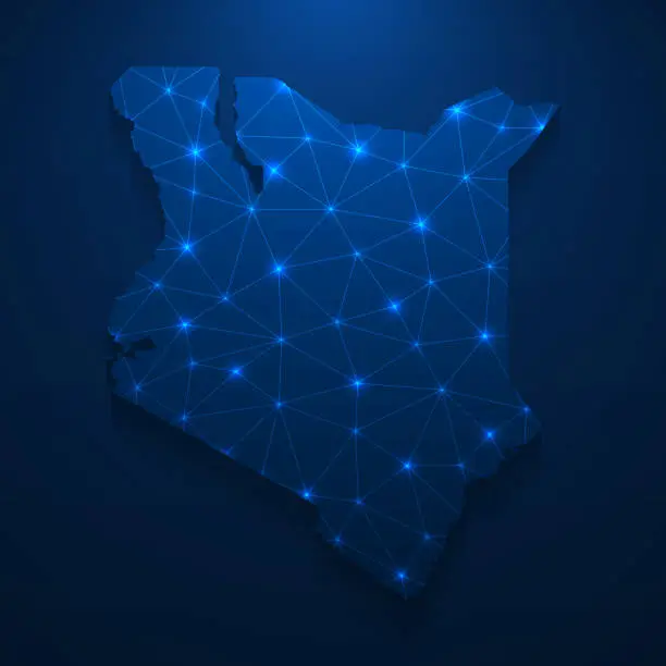 Vector illustration of Kenya map network - Bright mesh on dark blue background