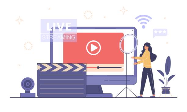 Live streaming, broadcast concept. Video podcast blogging. Live streaming, broadcast concept. Video streaming podcast. Business co working process. Online videos Vector. Video blogging. Video conferencing and online communication. Broadcast vlog recording studio illustrations stock illustrations