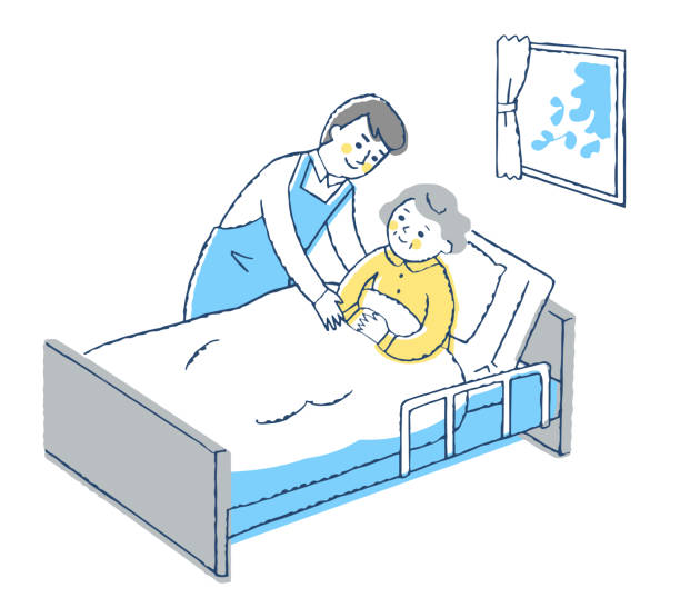 Senior woman in bed and man caring for Nursing home, assistance, nursing, Japanese, hospitalization, family nurse smock stock illustrations