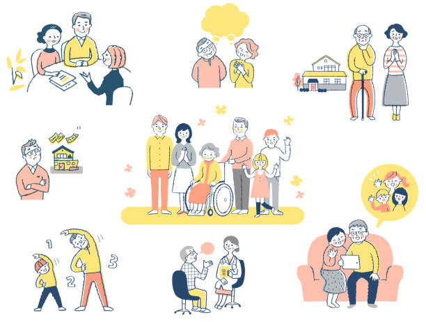Various life scenes for the elderly Lifestyle, communication, nursing, Japanese, Aging, old man,  family senior adult illustrations stock illustrations