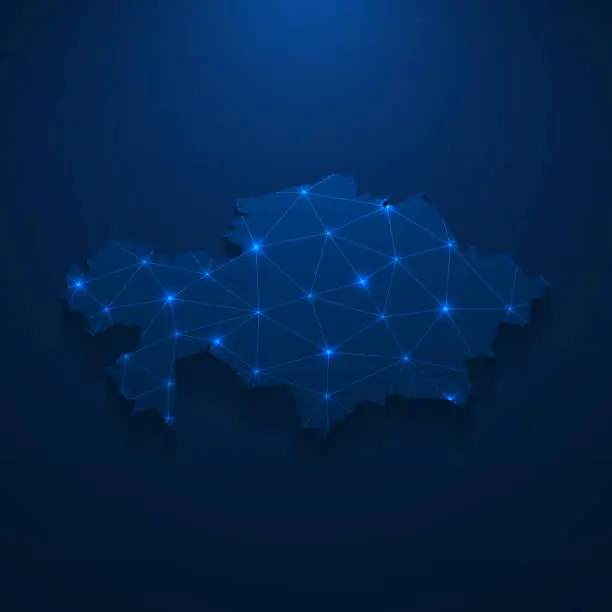 Vector illustration of Kazakhstan map network - Bright mesh on dark blue background