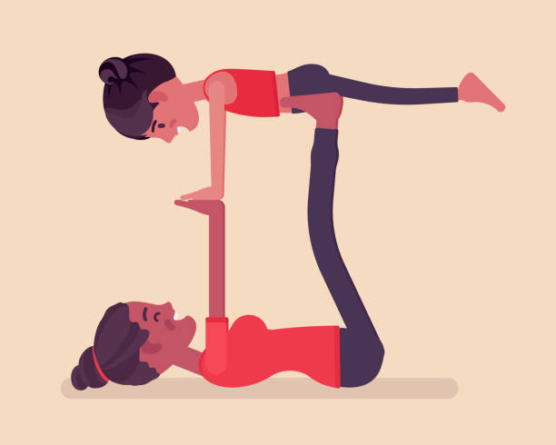 Family yoga, young happy black yogi mother, daughter practicing acroyoga Family yoga, black happy yogi mother, daughter in sports wear practicing acroyoga balance exercise, kid and parent enjoying yogic practice together. Vector flat style cartoon illustration, side view acroyoga stock illustrations