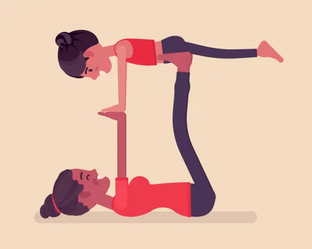 Vector illustration of Family yoga, young happy black yogi mother, daughter practicing acroyoga