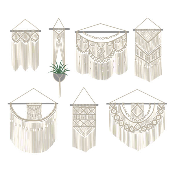 Set of DIY wall hanging. Collection of boho knitting decoration. Cotton cord plant hanger and macrame decor. Vector illustration. macrame stock illustrations