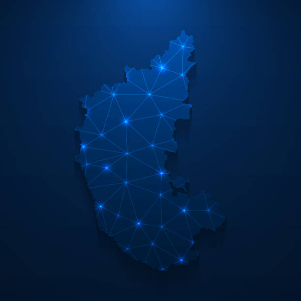 Karnataka map network - Bright mesh on dark blue background Map of Karnataka created with a mesh of thin bright blue lines and glowing dots, isolated on a dark blue background. Conceptual illustration of networks (communication, social, internet, ...). Vector Illustration (EPS10, well layered and grouped). Easy to edit, manipulate, resize or colorize. karnataka stock illustrations