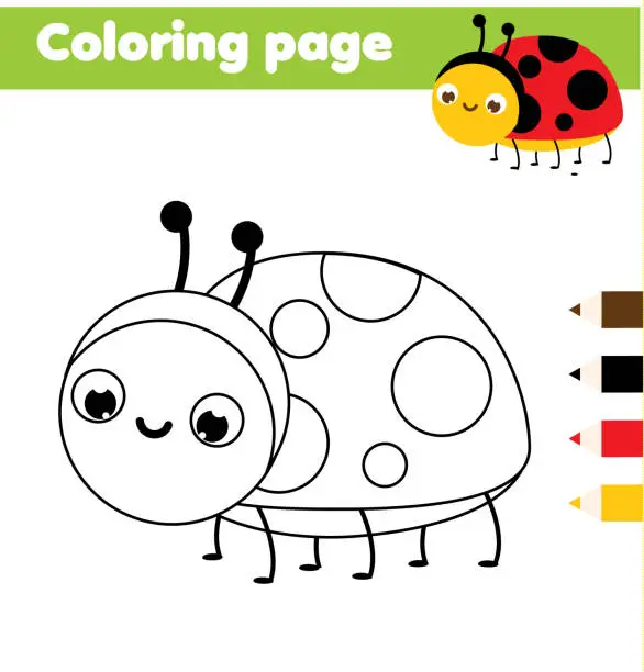 Vector illustration of Coloring page with cartoon ladybug. Drawing kids activity. Printable fun for toddlers and children. Insects theme