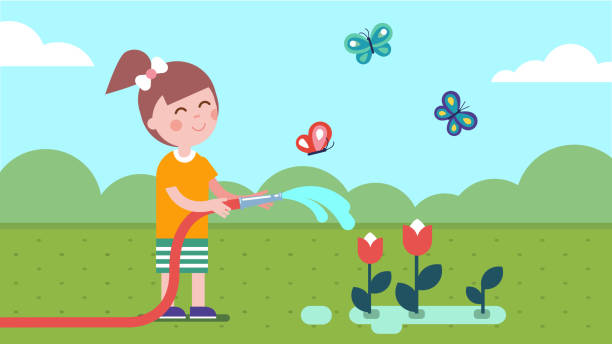 ogrodnik dziewczyna podlewania roślin z węża ogrodowego na letnim trawniku z motylami. dziecko korzystających ogrodnictwo i sadzenie kwiatów. uśmiechnięta postać z kreskówki dla dzieci. ilustracja wektora płaskiego - flower bed gardening flower field stock illustrations