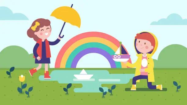 Vector illustration of Girl and boy kids playing together with toy ships in lawn puddle in rain. Smiling children cartoon characters holding umbrella, wearing raincoat. Childhood and leisure. Flat vector illustration