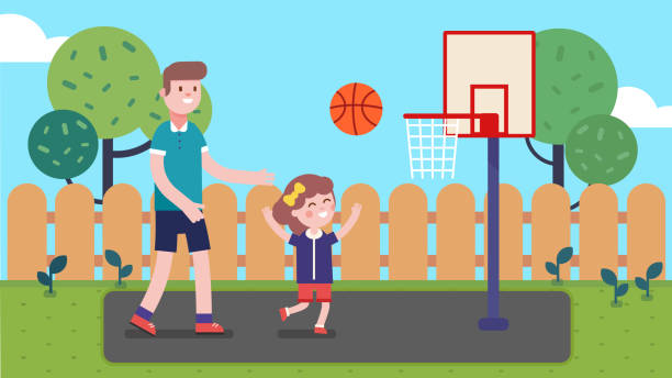 Father and daughter kid playing basketball in backyard. Happy family playing sport game together having fun. Child and man players cartoon characters. Leisure & childhood. Flat vector illustration Father and daughter kid playing basketball in backyard. Happy family playing sport game together having fun. Child and man players cartoon characters. Leisure & childhood. Flat style vector isolated illustration lifestyles teaching little girls child stock illustrations