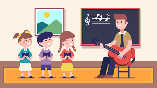Children Students Chorus Singing Song Learning At Music Class In School  Classroom Teacher Man Playing Guitar Providing Music Education Teaching Boy  Girls Kids Singers Flat Vector Illustration Stock Illustration - Download  Image