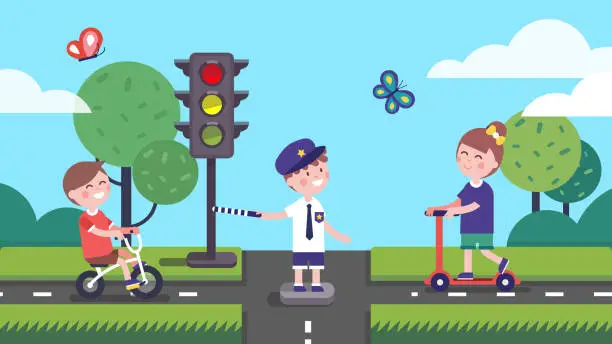 Vector illustration of Girl, boy riding bicycle and scooter, kid officer directing traffic at crossroads & traffic light. Smiling children learning road rules playing drivers & traffic controller. Flat vector illustration