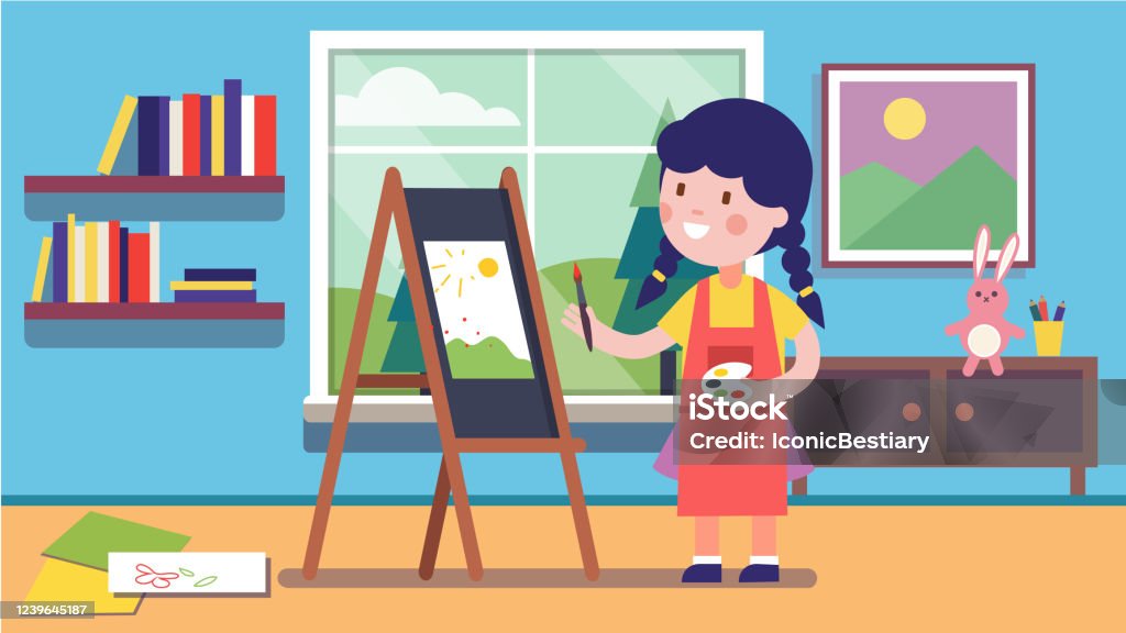 Vetores de Garota Artista Sorridente Criança Pintando Quadro De Verão Em  Tela De Cavalete Pintor Estudante De Desenho Animado Aprendendo E Dominando  A Pintura Em Casa Educação Artística Infantil Ilustração De Vetor