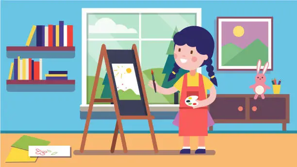 Vector illustration of Smiling artist girl kid painting summer picture on easel canvas. Painter student cartoon character learning & mastering paint at home. Child art education. Flat vector illustration